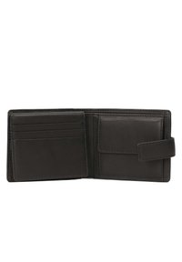 Fekete bőr pénztárca, amely bifold kialakítású, kártyahelyekkel és érmepénztárral rendelkezik, sima textúrájú, és kontrasztos varrással van ellátva.