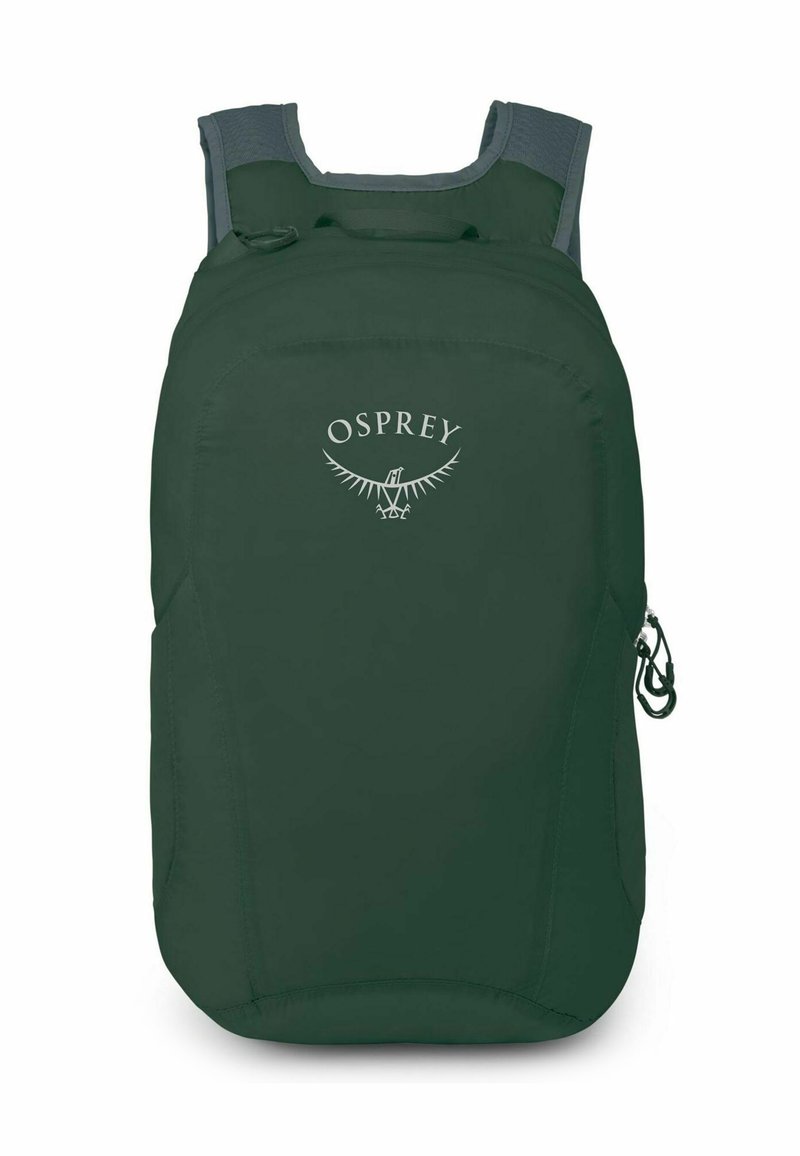 Zaino Osprey verde realizzato in un tessuto liscio e durevole. Presenta spallacci regolabili e imbottiti e una tasca con zip sul lato.