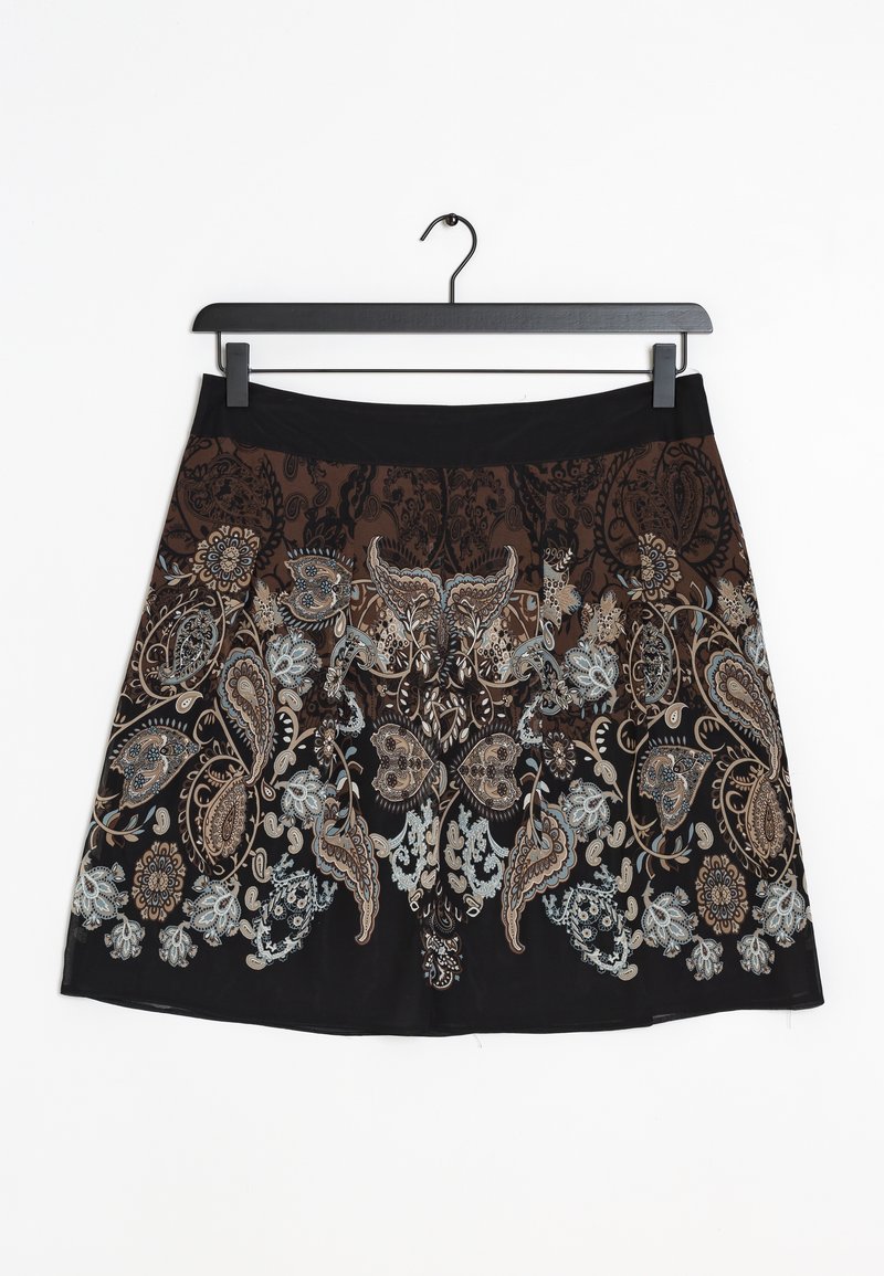 Jupe noire avec un brodé floral complexe en marron, bleu et or. Taille ajustée, forme évasée, tissu texturé avec des motifs détaillés.
