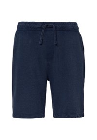 Marineblauwe shorts met een textuurafwerking, elastische tailleband, trekkoord en zijzakken. Eenvoudig ontwerp, knielange lengte met een gladde zoom.