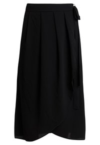 Svart omslagspencil kjol i lätt tyg, med veck, ett knytbälte och en något asymmetrisk fåll. Slät textur och elegant design.