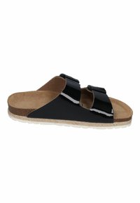 Black patent slide sandals with two adjustable straps, cork footbed, and woven midsole. Smooth texture and casual design.