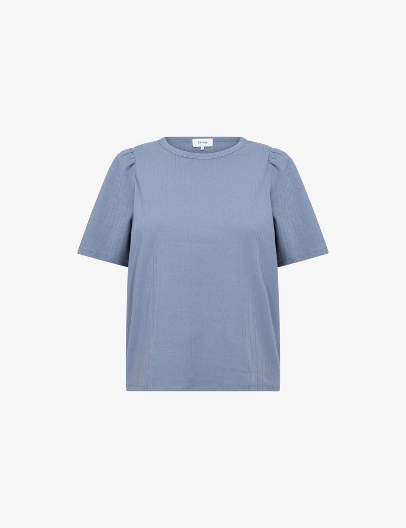 Chemisier bleu à manches courtes avec encolure ronde et texture côtelée verticale subtile, présenté sur fond blanc avec épaules bouffantes.