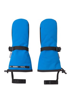 Blaue Fäustlinge aus wasserdichtem Material, mit schwarzen Akzenten, verstellbaren Riemen und einem Reißverschlussöffnung am Bündchen für einen sicheren Sitz.