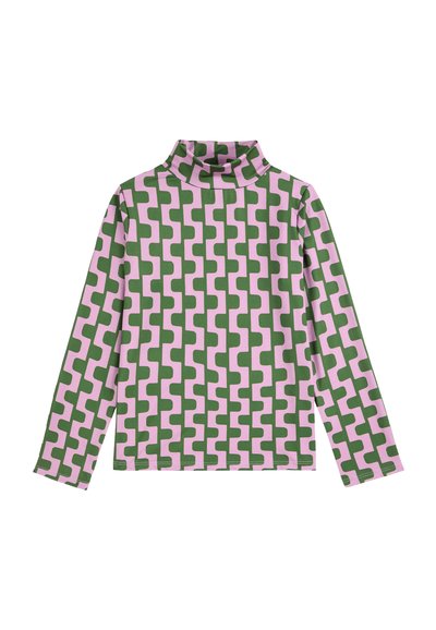 Langärmliges Turtleneck-Oberteil in Pink mit grünem abstraktem Muster. Glatte Stoffbeschaffenheit, taillierte Passform und regulärer Saum.
