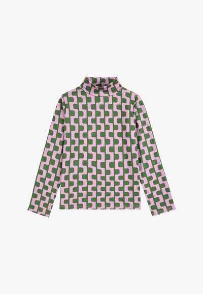 Dlhý rukáv, rolák v ružovej farbe sám zeleným abstraktným vzorom. Hladká tkanina, priliehavý strih a klasický lem.