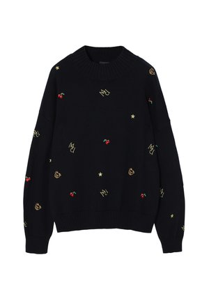 Navy sweater with ribbed crew neck, featuring gold and red embroidery of cherries, stars, and logos evenly distributed across the fabric.