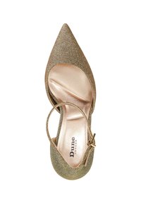 Pointed toe heel in metallic gold textile with smooth interior. Features a slim ankle strap and a branded insole with the name "Dune London."
