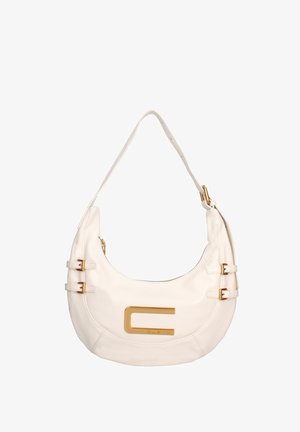 Borsa hobo in pelle bianca con forma curvata, caratterizzata da accenti in hardware dorato e un logo prominente. Due fibbie sui lati per un tocco di dettaglio.