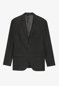 Dunkelgrauer Blazer mit zwei Fronttaschen, Ein-Knopf-Verschluss und Reverskragen. Innenfutter aus glattem Stoff. Für formelle Anlässe gestaltet.