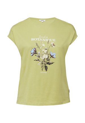 Hellgrünes T-Shirt mit gefalteten kurzen Ärmeln, das einen botanischen Druck mit blauen und weißen Blumen sowie den Text "Jardin Botanique" zeigt.