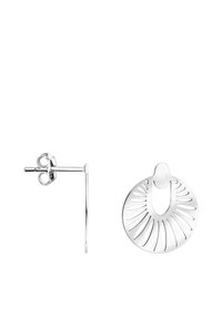 Orecchini a cerchio in argento con un design circolare caratterizzato da motivi intagliati che si irradiano, finitura lucida e chiusura a perno.