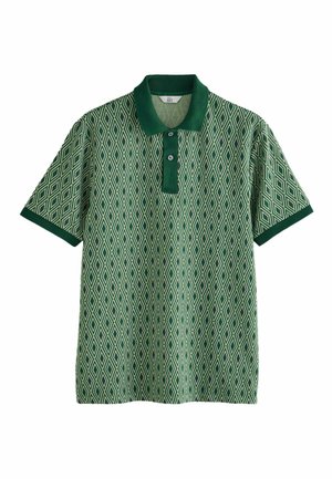 Grøn polo skjorte med et geometrisk diamantmønster, ribbet krave og manchetter, to knapper og korte ærmer, fremstillet af struktureret stof.