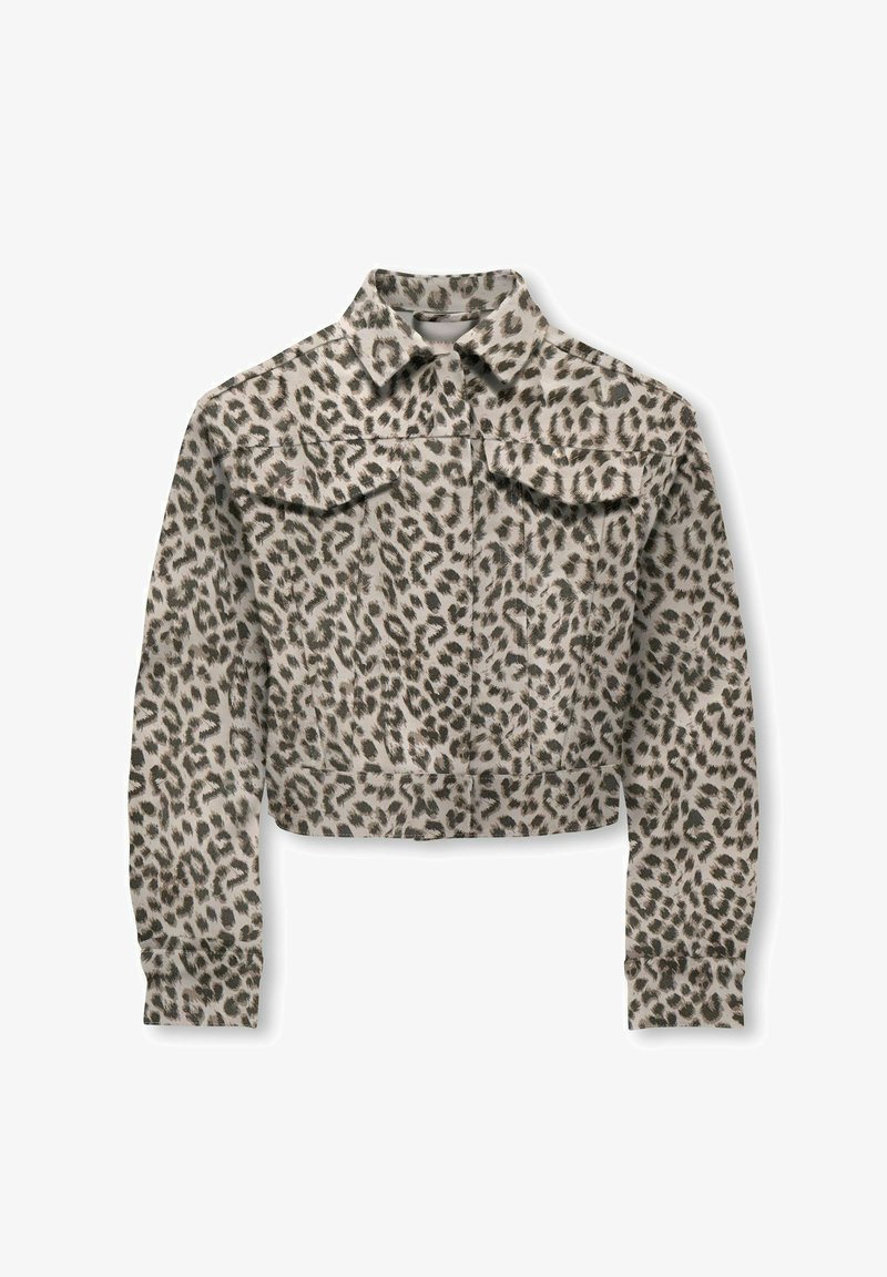 Κοντό σακάκι από μπεζ ύφασμα με μοτίβο λεοπάρ. Διαθέτει γιακά και δύο τσέπες στο εμπρός μέρος.
