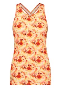 Ärmlös linne i en livlig orange och gul blommig tie-dye mönster. Har en rundad halsringning och korsettdetaljer på baksidan.