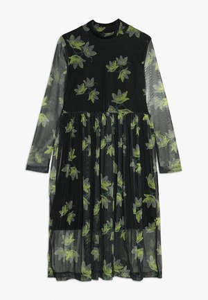 Robe midi noire à manches longues en tissu transparent avec imprimé floral vert, dotée d'un col montant et d'une taille froncée.