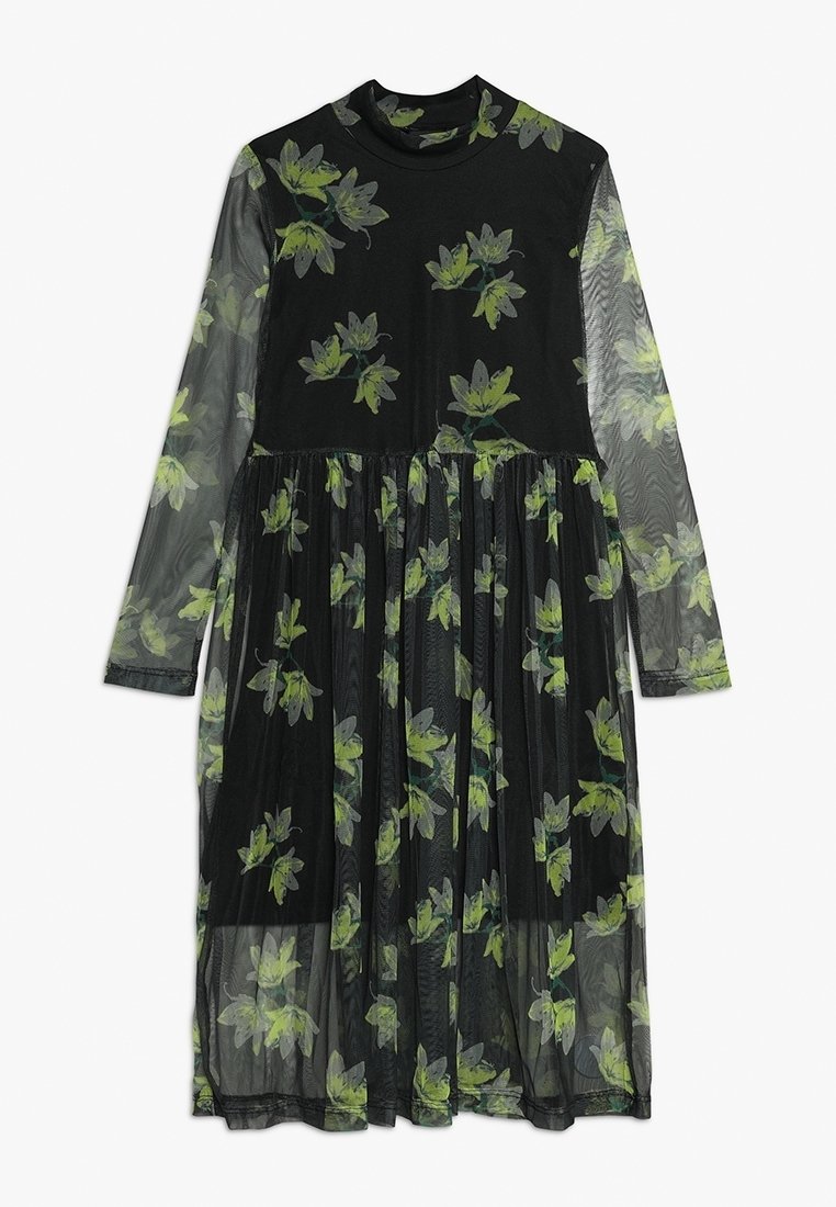Robe midi noire à manches longues en tissu transparent avec imprimé floral vert, dotée d'un col montant et d'une taille froncée.