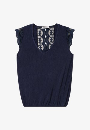 Blouse sans manches bleu marine avec tissu texturé, encolure en V et détails en dentelle au dos et sur les mancherons.