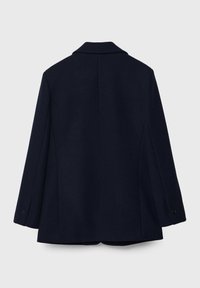 Marineblauer Wollmantel mit klassischem Kragen, geknöpften Manschetten und strukturierter Silhouette. Glatte Textur, mit geradem Rücken und ohne sichtbare Verschlüsse.