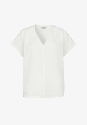 Valkoinen lyhythihainen pusero V-aukkosella ja väljäväljä istuvuus, valmistettu kevyestä kankaasta.