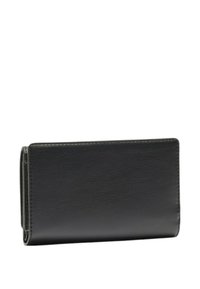 Portafoglio in pelle nera con una texture liscia, forma rettangolare compatta, presenta cuciture visibili e un design a pieghe.