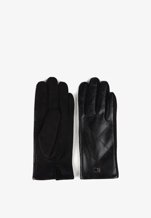 Black gloves featuring a textured leather exterior with quilted pattern, contrasting soft fabric lining, and a subtle logo accent.