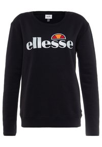 Sudadera negra de mangas largas y cuello redondo. Presenta un logo blanco de "ellesse" y un emblema de color por encima. Material suave de algodón.