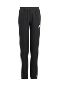 Svarta träningsbyxor med elastisk midja, med vita ränder på sidorna och en vit Adidas-logotyp på övre låret.