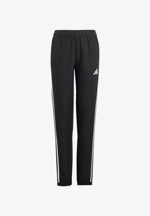 Pantalones deportivos negros con cintura elástica, con franjas blancas a los lados y un logo de Adidas en blanco en el muslo superior.