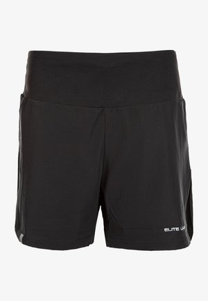 Shorts de sport noirs avec une large ceinture, texture lisse et coutures latérales; présente le logo "ELITE LAB" en blanc sur l'ourlet inférieur.