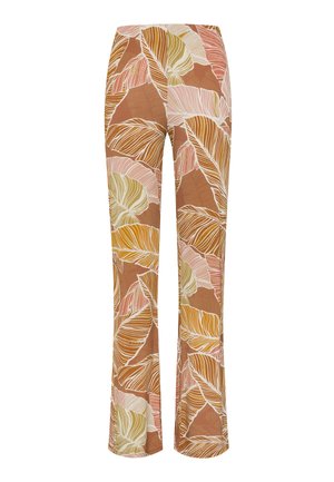 Brązowe spodnie dzwony z kolorowym wzorem liści w kolorach różowym, zielonym i pomarańczowym, z obrysowanymi detalami i gładką fakturą.