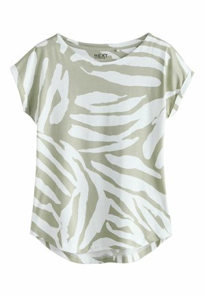 Lühikeste varrukatega pluus lahtise lõikega, heleoliivikarva alus ja suured ebaregulaarsed valged abstraktsed triibumustrid, ümaralt lõigatud alaosas.