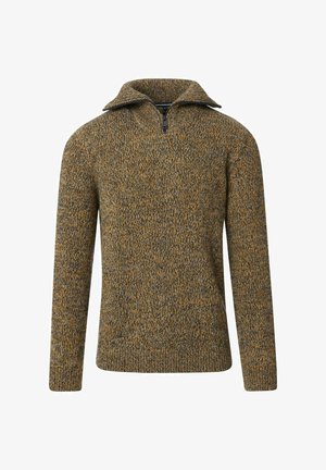 Strickpullover mit einem Viertelreißverschluss-Kragen, ausgestattet mit einem strukturierten Muster in Olivgrün, Senfgelb und Grautönen. Lange Ärmel.