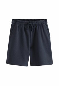 Shorts bleu marine en tissu doux, dotés d'une taille élastique avec cordon de serrage, de poches latérales et d'une coupe droite.