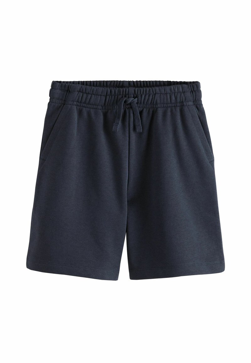 Pantaloni corti blu navy realizzati in tessuto morbido, con un elastico in vita e cordoncino, tasche laterali e un taglio dritto.