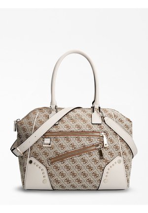 Sac à main beige et marron à motifs avec deux poignées supérieures, une bandoulière réglable et deux poches avant zippées avec des accents en cuir.