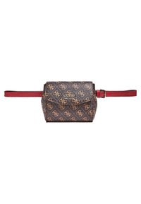 Borsa marrone con motivo e tracolla rossa, caratterizzata da un design con logo. Il materiale sembra avere una texture con una forma strutturata e una chiusura magnetica.
