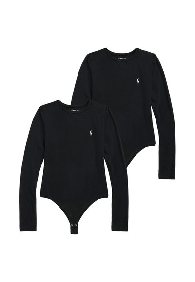 Deux bodies noirs à manches longues avec cols ronds et fermetures pression à l'entrejambe, chacun arborant un petit logo brodé blanc sur la poitrine.