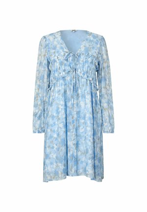 Lichtblauwe bloemenjurk met lange mouwen, een V-hals en een geplooide taille. Heeft een losse pasvorm en verfijnde ruches als accent.