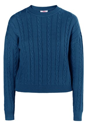 Blå strikket sweater med kabelmønster, rund halsudskæring og ribbede manchetter. Stoffet har en tekstureret overflade og en cropped pasform.