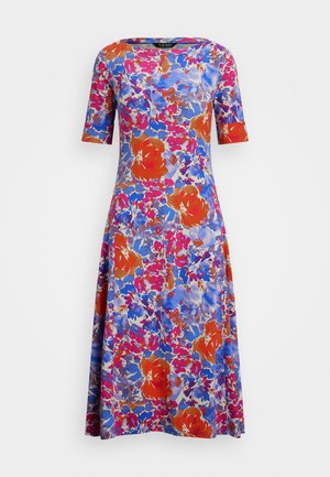 Floral dress with short sleeves, featuring a multi-colored pattern of blue, red, and pink blossoms on a light background. Smooth fabric.