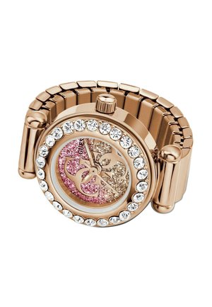 Montre-bracelet en or rose avec bracelet extensible, lunette ornée de cristaux et cadran pailleté bi-ton présentant un logo stylisé et des aiguilles simples.