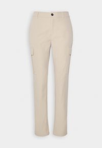 Pantalons cargo beiges en tissu durable, avec une coupe droite, des poches avant et deux poches cargo latérales.