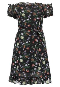 Svart blommig klänning med korta puffärmar, med en knytning i midjan, volangkant och flerfärgade blommönster på genomskinligt tyg.