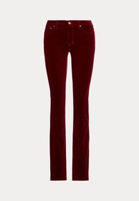 Burgundy corduroy pants with a fitted silhouette, five pockets, and a zip fly. Soft texture with subtle vertical ribbing detail.