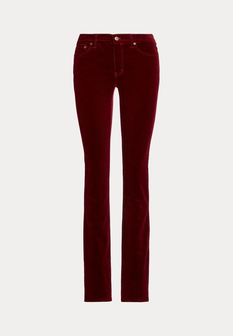 Burgundy corduroy pants with a fitted silhouette, five pockets, and a zip fly. Soft texture with subtle vertical ribbing detail.