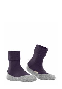 Skarpety dziane z ciemnofioletową górą i szarym filcowym spodem, z szerokim ściągaczem, gładką fakturą i subtelnym detalem z logo.