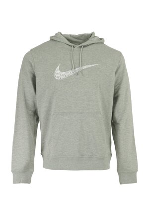 Un hoodie gris en tissu doux avec une poche kangourou. Il présente un grand logo Nike swoosh blanc sur la poitrine et une capuche avec cordon de serrage.