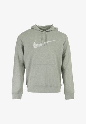 Grijze hoodie gemaakt van zachte stof met een kangoeroezak. Heeft een groot wit Nike swoosh-logo op de borst en een capuchon met trekkoord.