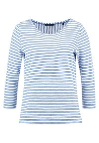 Haut à manches longues rayé bleu et blanc, en tissu texturé, avec un col rond et une coupe décontractée.